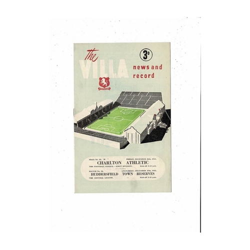 1952/53 Aston Villa v Charlton & Huddersfield Reserves Double Football Programme