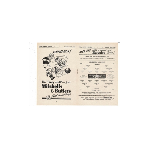 1952/53 Aston Villa v Charlton & Huddersfield Reserves Double Football Programme