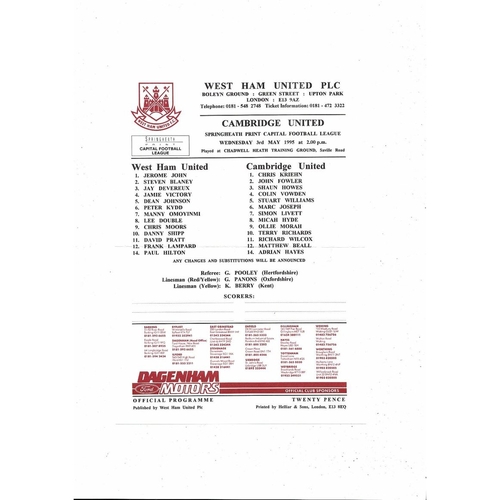 West Ham United v Cambridge United Capital League Football Programme 1994/95