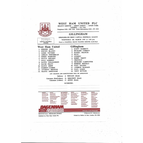 West Ham United v Gillingham Capital League Football Programme 1994/95