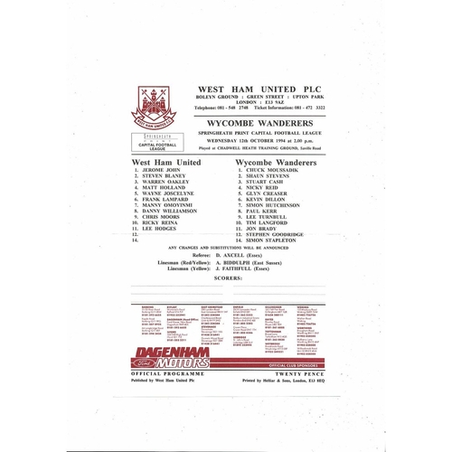 West Ham United v Wycombe Wanderers Capital League Football Programme 1994/95