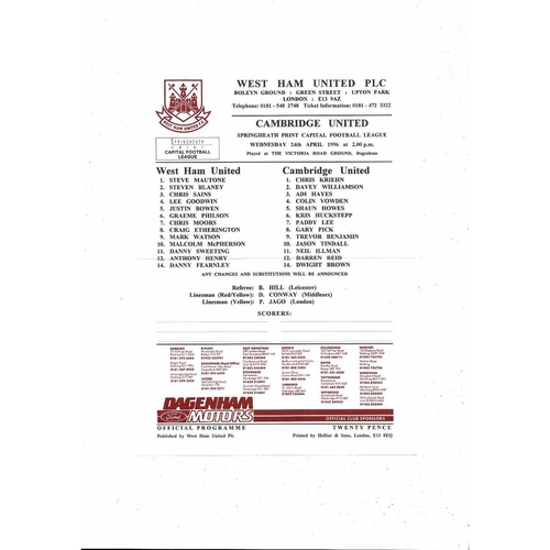 West Ham United v Cambridge United Capital League Football Programme 1995/96
