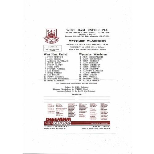 West Ham United v Wycombe Wanderers Capital League Football Programme 1995/96