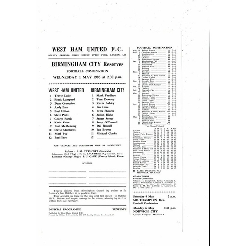 West Ham United v Birmingham City Football Combination Programme 1984/85