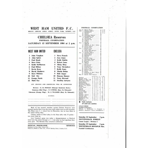 West Ham United v Chelsea Football Combination Programme 1984/85