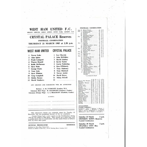 West Ham United v Crystal Palace Football Combination Programme 1984/85