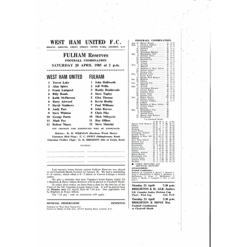 West Ham United v Fulham Football Combination Programme 1984/85