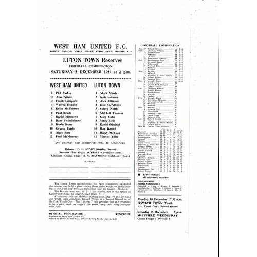 West Ham United v Luton Town Football Combination Programme 1984/85