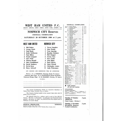 West Ham United v Norwich City Football Combination Programme 1984/85