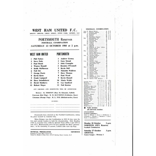 West Ham United v Portsmouth Football Combination Programme 1984/85