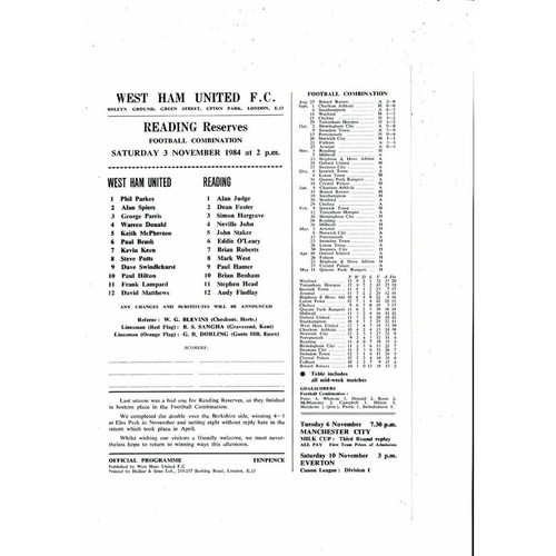 West Ham United v Reading Football Combination Programme 1984/85