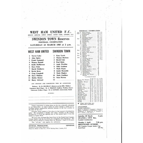 West Ham United v Swindon Town Football Combination Programme 1984/85