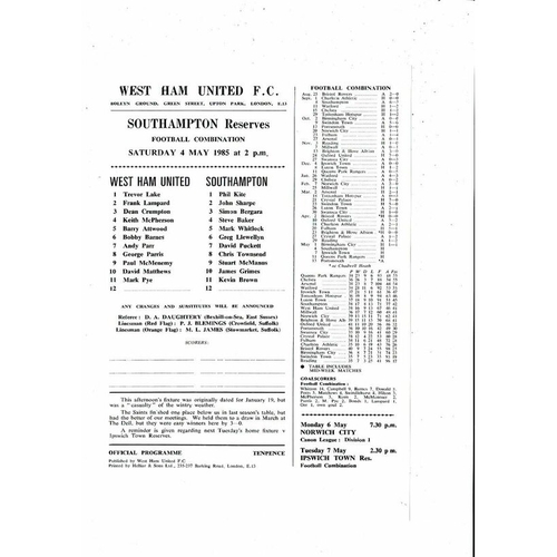 West Ham United v Southampton Football Combination Programme 1984/85