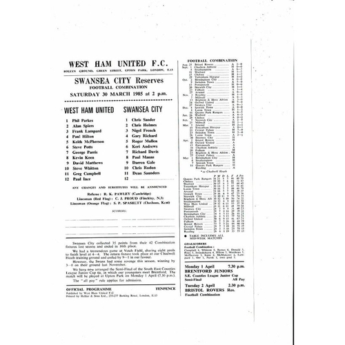 West Ham United v Swansea City Football Combination Programme 1984/85