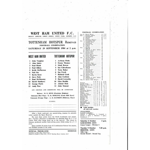 West Ham United v Tottenham Hotspur Football Combination Programme 1984/85