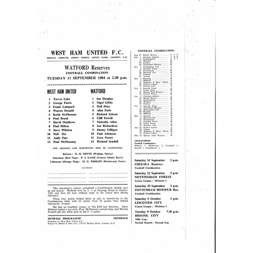 West Ham United v Watford Football Combination Programme 1984/85