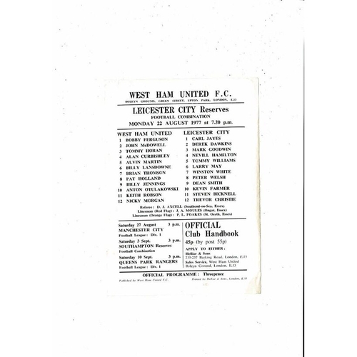 West Ham United v Leicester City Football Combination Programme 1977/78