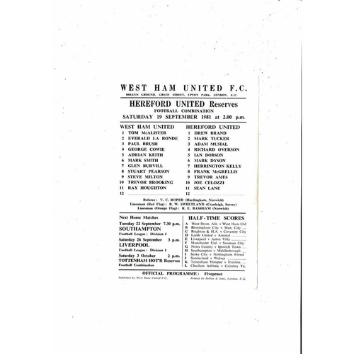 West Ham United v Hereford United Football Combination Programme 1981/82