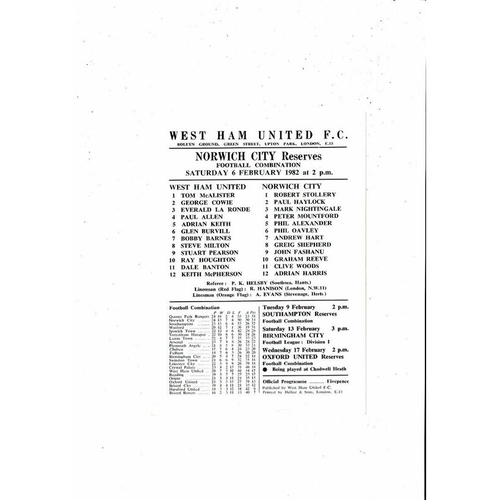 West Ham United v Norwich City Football Combination Programme 1981/82