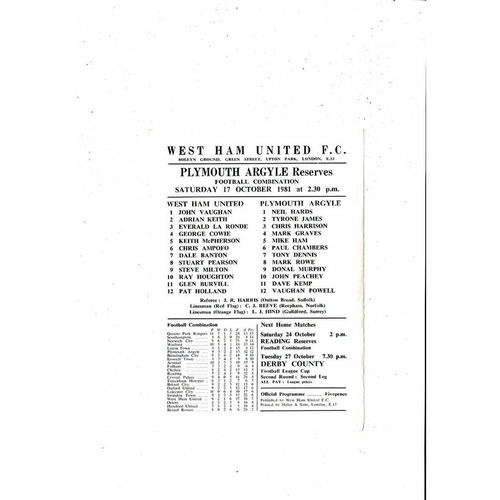 West Ham United v Plymouth Argyle Football Combination Programme 1981/82