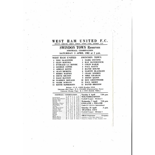 West Ham United v Swindon Town Football Combination Programme 1981/82