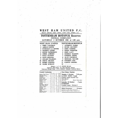 West Ham United v Tottenham Hotspur Football Combination Programme 1981/82
