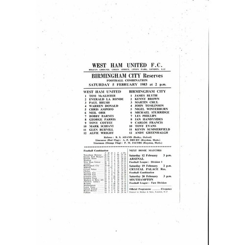 West Ham United v Birmingham City Football Combination Programme 1982/83