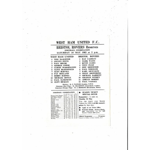 West Ham United v Bristol Rovers Football Combination Programme 1982/83