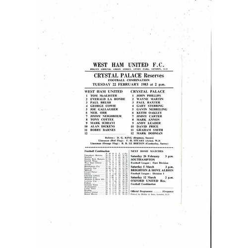 West Ham United v Crystal Palace Football Combination Programme 1982/83