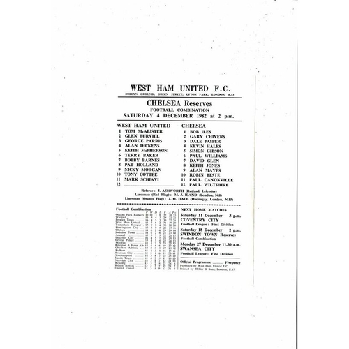 West Ham United v Chelsea Football Combination Programme 1982/83