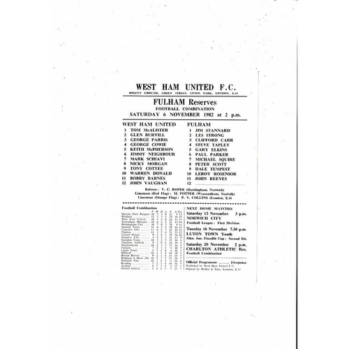 West Ham United v Fulham Football Combination Programme 1982/83