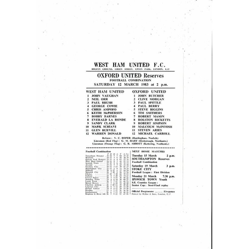 West Ham United v Oxford United Football Combination Programme 1982/83