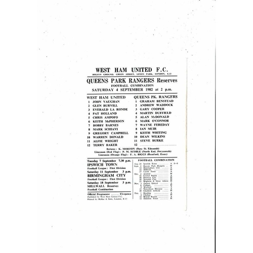 West Ham United v Queens Park Rangers Football Combination Programme 1982/83