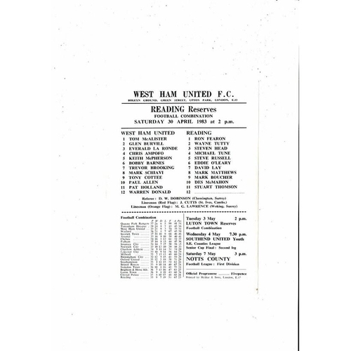 West Ham United v Reading Football Combination Programme 1982/83