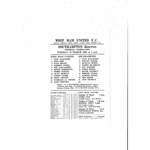 West Ham United v Southampton Football Combination Programme 1982/83