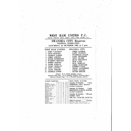 West Ham United v Swansea City Football Combination Programme 1982/83