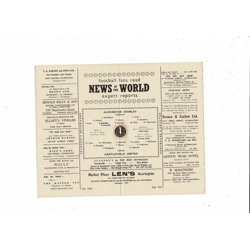 1956/57 Accrington Stanley v Hartlepool United Football Programme