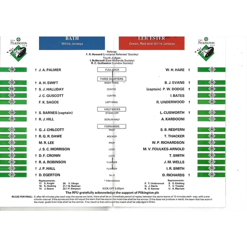 1989 Bath v Leicester Pilkington Cup Final Rugby Union Programme