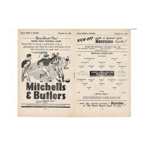 1954/55 Aston Villa v Preston Football Programme