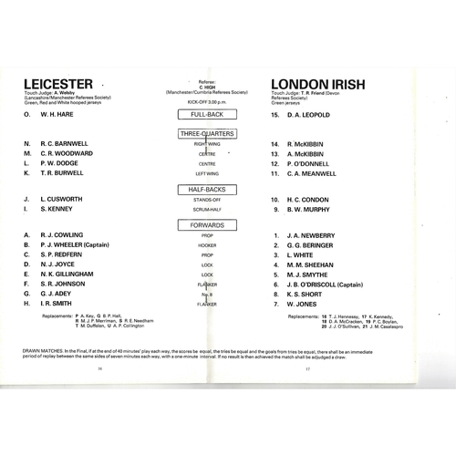1980 Leicester v London Irish John Player Cup Final Rugby Union Programme