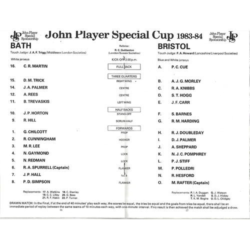 1984 Bath v Bristol John Player Cup Final Rugby Union Programme