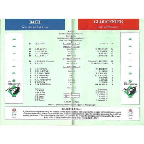 1990 Bath v Gloucester Pilkington Cup Final Rugby Union Programme