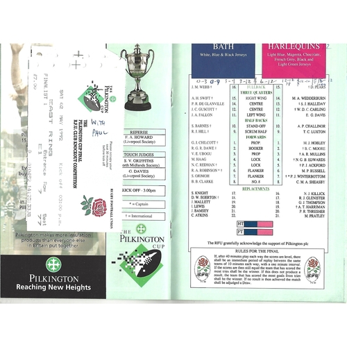 1992 Bath v Harlequins Pilkington Cup Final Rugby Union Programme & Match Ticket