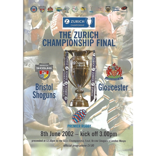 2002 Bristol Shoguns v Gloucester The Zurich Championship Final Rugby Union Programme