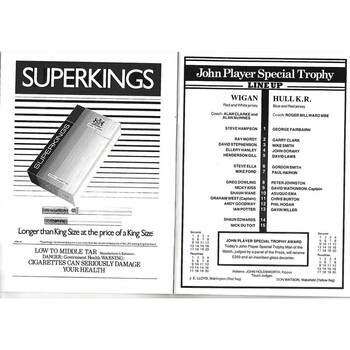 1985/86 Wigan v Hull Kingston Rovers John Player Special Trophy Final Rugby League Programme