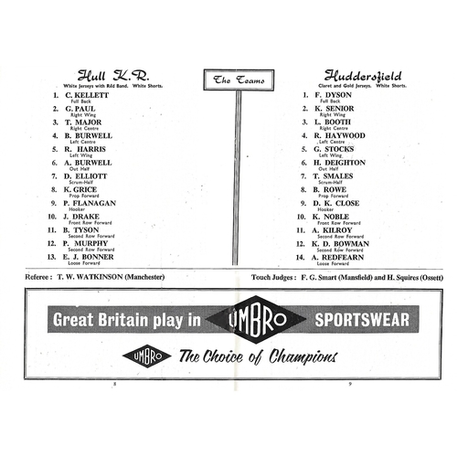 1962 Hull Kingston Rovers v Huddersfield Eastern Championship Final Rugby League Programme