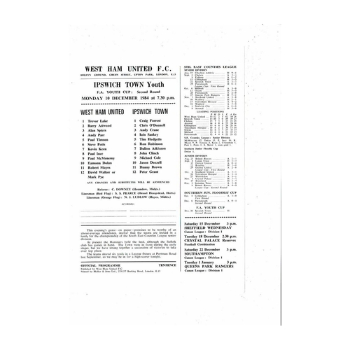 West Ham United v Ipswich Town Youth Cup Football Programme 1984/85