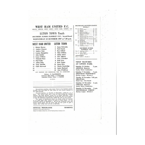 West Ham United v Luton Town Southern Junior Cup Football Programme 1987/88