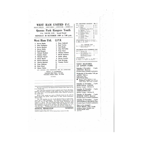 West Ham United v Queens Park Rangers Youth Cup Football Programme 1989/90