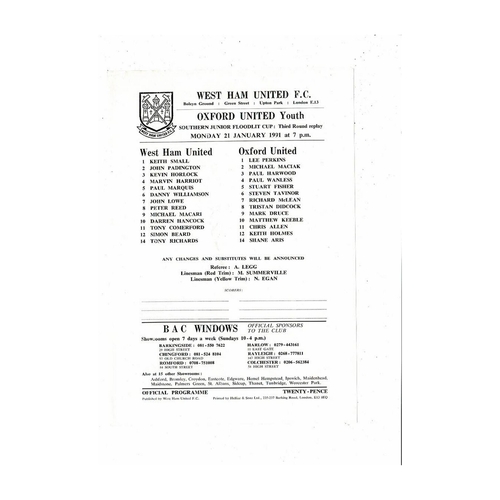 West Ham United v Oxford United Youth Cup 3rd Rd Rep Football Programme 1990/91